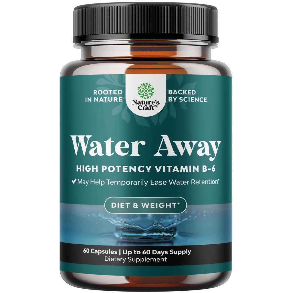 Water Away Herbal Diuretic Pills High Strength - Fluid Retention Supplement with Dandelion Leaf Extract " Green Tea for Bloating Relief for Women " Men - Capsules for Leg " Feet Swelling - 60 Count