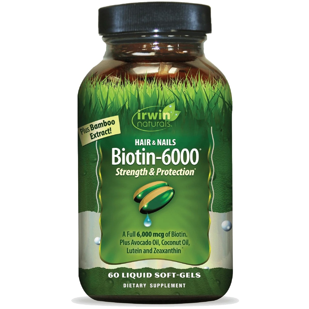 Irwin Naturals Biotin-6000 Soportes Skin saludable, Pelo &amp; uñas - 60 Liquid Softgels - Fuerza + Protección con alta potencia 6000 mcg, Bamboo, Avocado, Coco &amp; Más - Absorción máxima