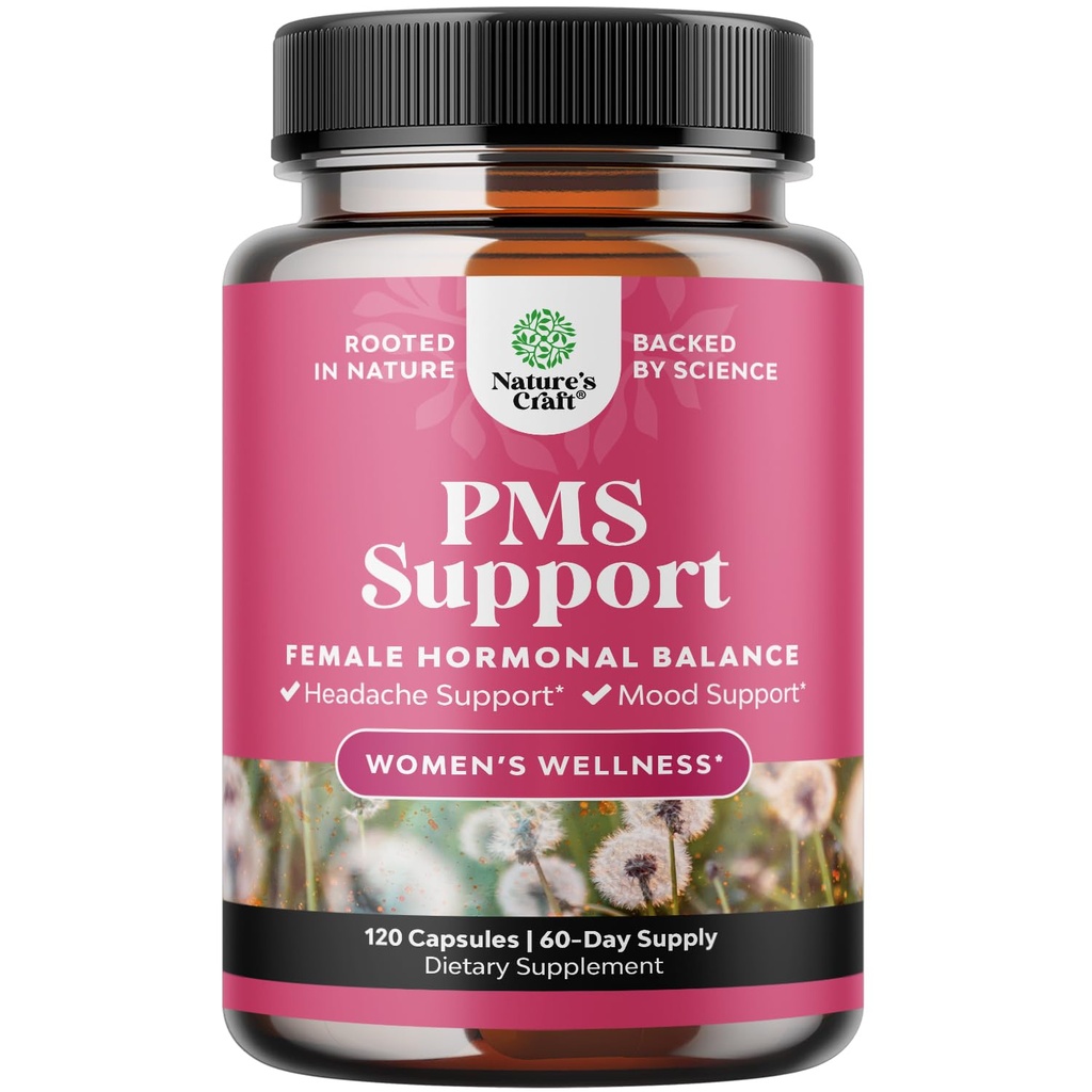 PMS Apoyo Suplemento para Mujeres – Equilibrio hormonal para el malestar menstrual femenino con DIM, Chasteberry, Black Cohosh " Ashwagandha - para los calambres del período Ease, Bloating de menopausia, Mood Swing – 120 Ct