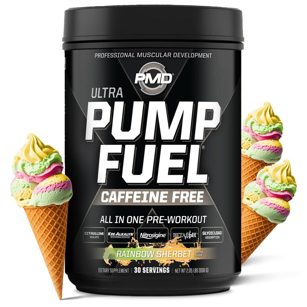 PMD Sports Pump Fuel Ultra Caffeine Gratis - Premium Pre Workout Powder &amp; Muscle Pump, Greater Focus, Endurance & Recovery, Premium Creatine, Arginine & Beta Alanine - Rainbow Sherbet (30 Servings)
