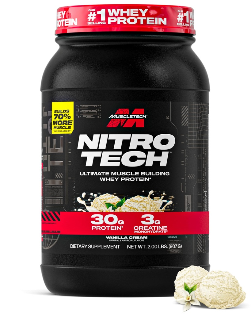 Muscletech Whey Protein Powder (Vanilla Cream, 2.2 Pound) - Nitro-Tech Ultimate Muscle Building Formula con Whey Protein Isolate - 30g de Proteína, 3g de Creatine &amp; 6.8g de BCAA - Embalaje mayo Vary