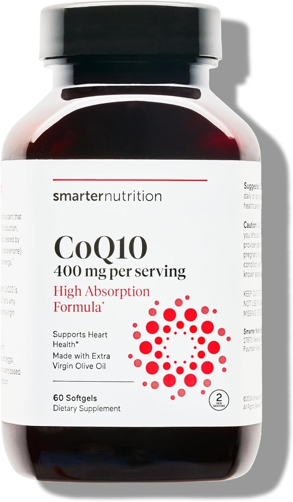 SMARTERNUTRITION CoQ10 400 mg Alta Absorción - Naturalmente Fermentada Ubiquinone w/Organic Cold-Presed Olive Oil - for Heart Health, Cellular Energy - Non-GMO, Gluten Free - 60 Conde[30-Day Supply]
