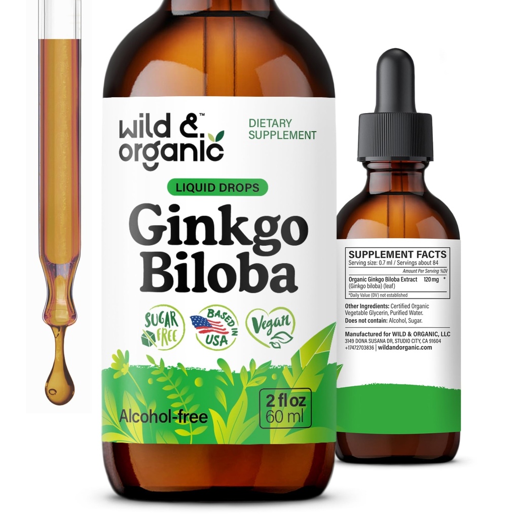 Wild & Organic Ginkgo Biloba Tintura - Cerebro &amp; Focus Soporte con Ginkgo Leaf Suplemento - Vegan, Azúcar &amp; Sin alcohol Extracto Herbal Tintura - 2 fl oz