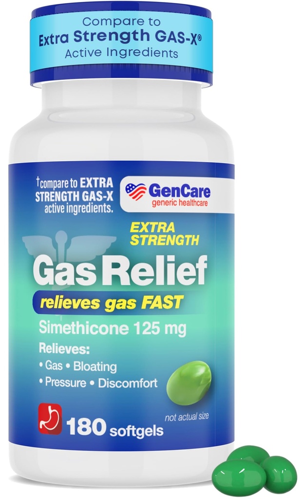 GenCare -Extra Strength Gas Relief Simethicone 125mg (180 Softgels) Maximum Strength Anti Gas Pills for Bloating Relief, Pressure & Discomfort - Comparación con Genérico Extra Strength Gas X