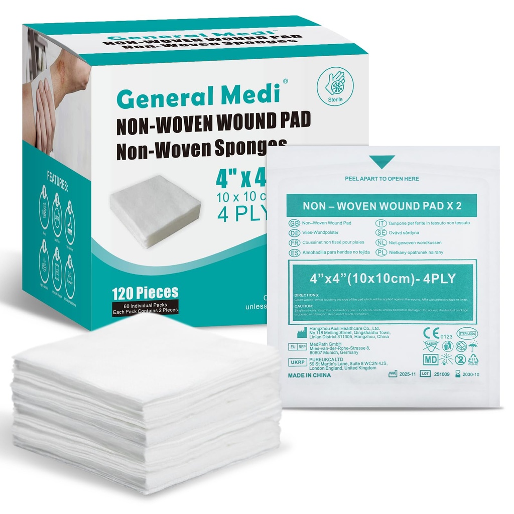 General Medi Sterile Gauze Sponges, 4" x 4" No-Woven Wound Pads - Individualmente Wrapped Highly Absorbent Sponges Pads for Cushioning Minor Wounds, Cuts & Burns Wound Care (60 Packs, 120 Pieces Total)