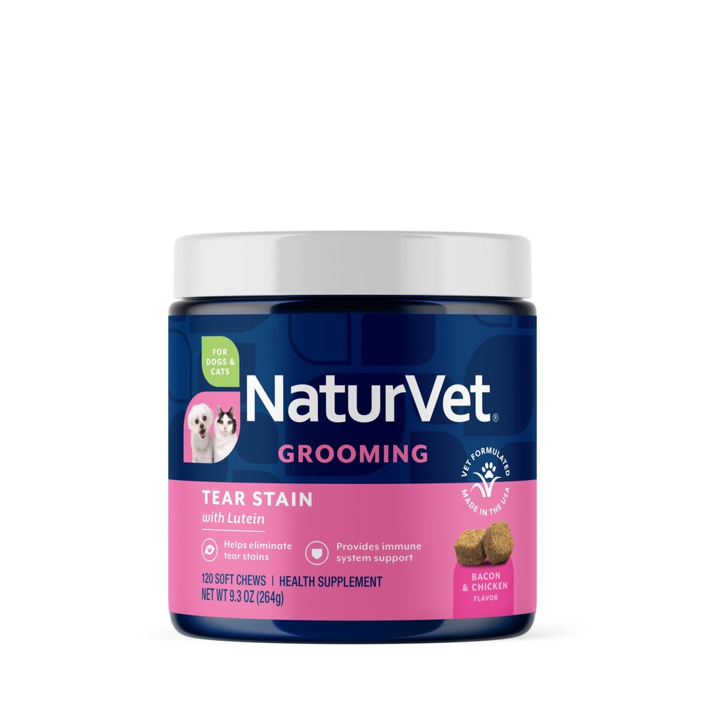 NaturVet Lutein Tear Stain Suplementos para perros &amp; gatos – Evita las estatinas de lágrimas para perros, razas de gato – Incluye Oregon Grape Root, Marshmallow Root, Cranberry Extract – 120 Ct.