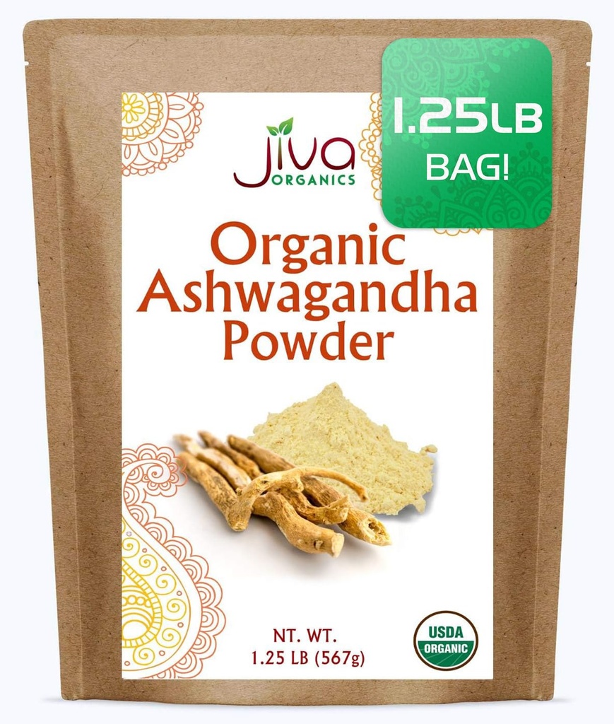 Jiva Organics Ashwagandha Root Powder 1.25 libras (20oz) - Gluten Free, Indian Ginseng, Raw, Pure, Non-GMO, Lab tested Ayurvedic Indian Powder
