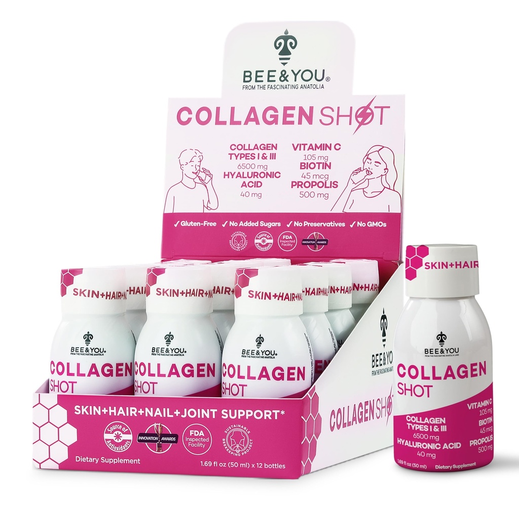 Bebida de calzado líquido con vitamina C, extracto de propóleo, ácido hialurónico, biotina, promueve la piel, el cabello, la uñas y la salud conjunta, 1,69 fl. Oz x 12 Pack