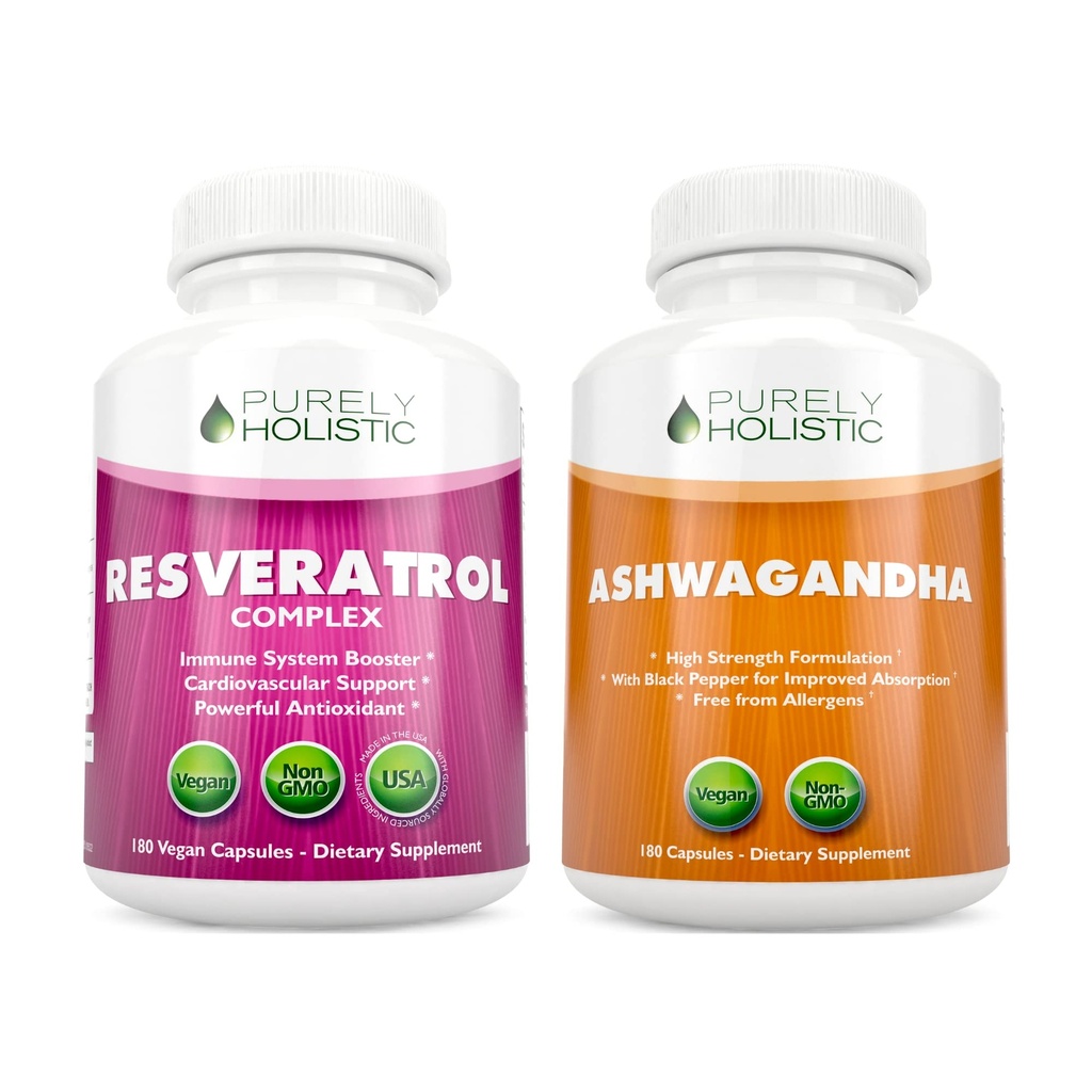 Puramente Holistic Resveratrol 1450mg + Organic Ashwagandha 1300mg " Black Pepper - Vegan Bundle - 180 + 180 cápsulas - Empaquetado con Potent Antioxidants - Made in USA