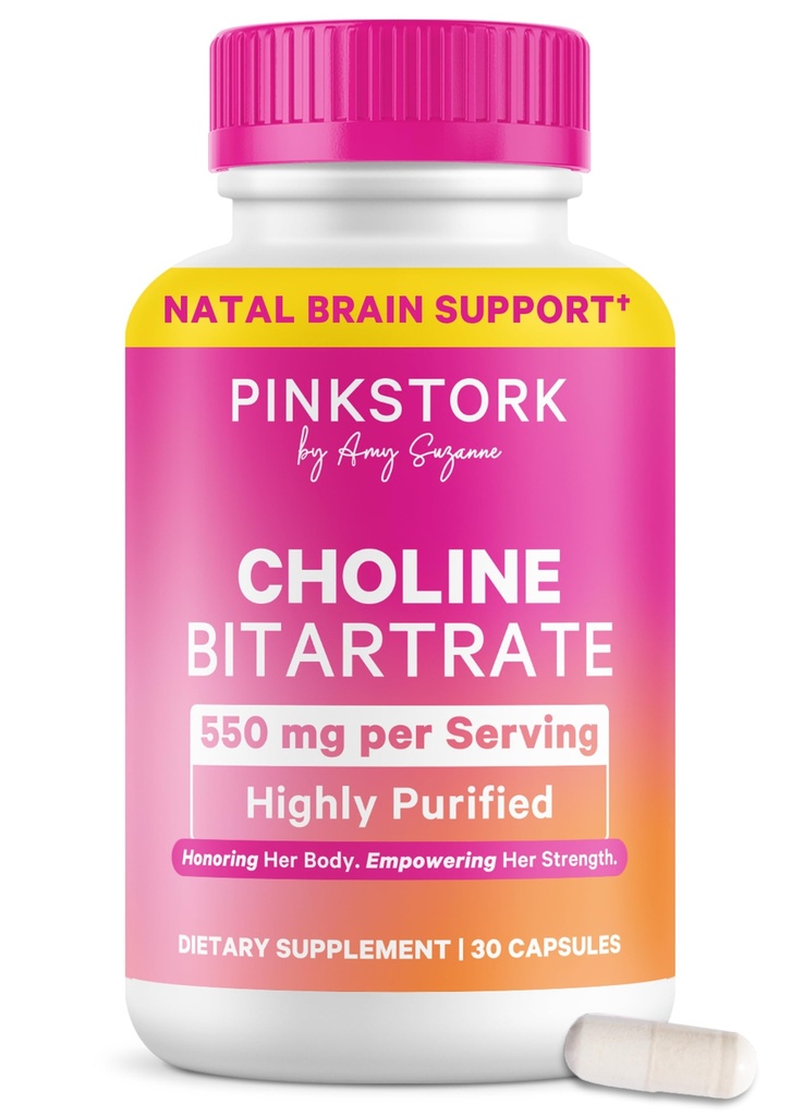 Pink Stork Choline - 550 mg Choline Bitartrate de VitaCholine para embarazadas + Postpartum Moms - Vitamina Prenatal para Fetal Cognitive Health + Breast Milk Quality - 1 cápsula diaria, 30 cuenta