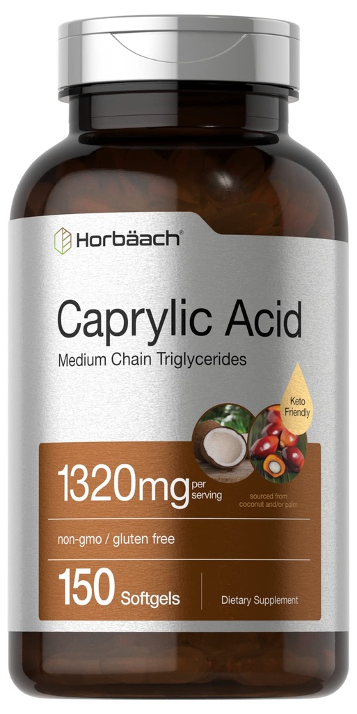 Horbaach Caprylic Acid 1320mg Suplemento Silencio 150 Softgel Capsules Silencioso de MCT Oil Silencio No Gluten Gratis
