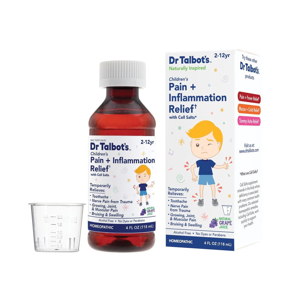 Dr. Talbot's Pain + Inflammation Relief Liquid Medicine for Children, Incluye Copa de Dosificación, Grape Juice Flavor, 4 Fl Oz (Packaging May Vary)