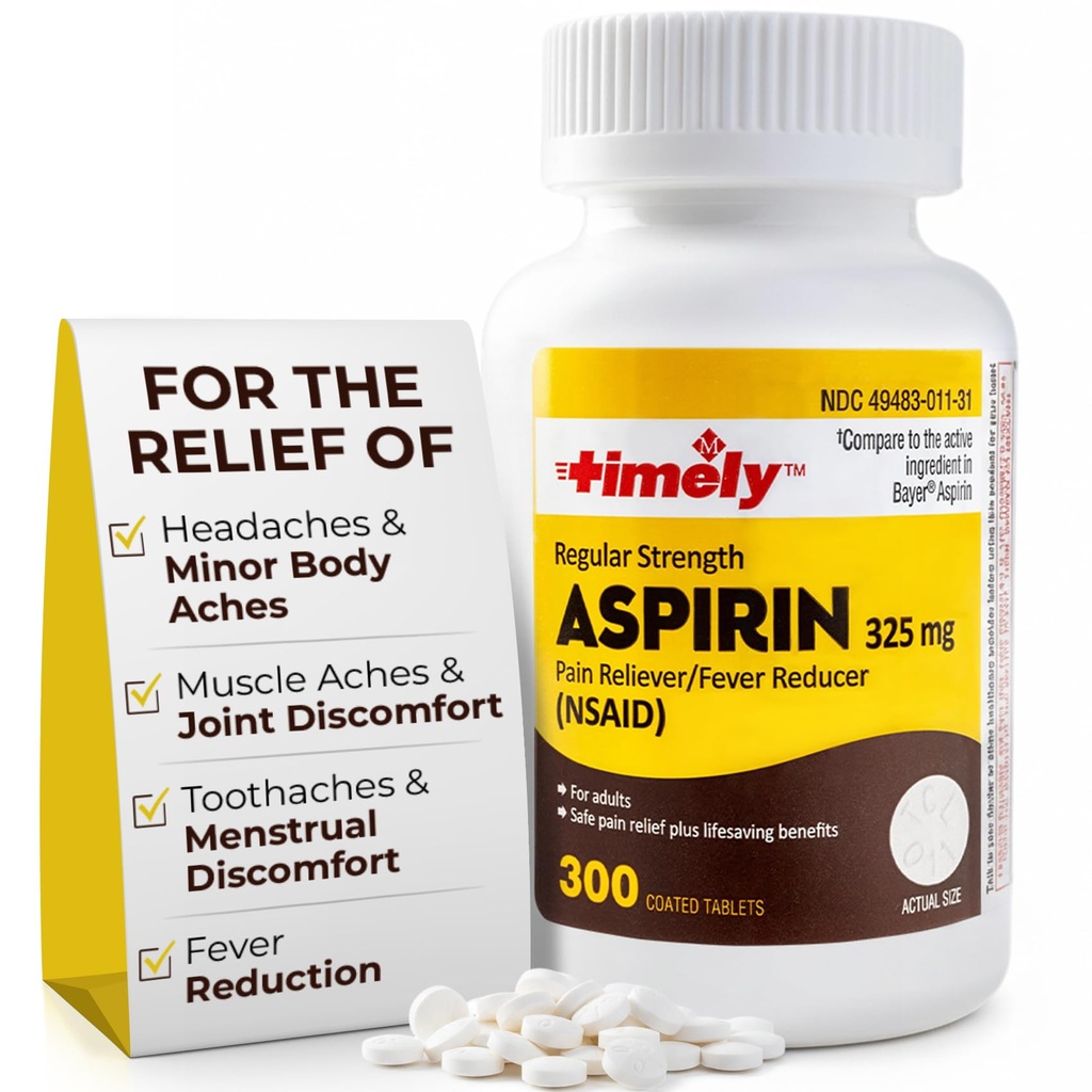 Lágrimas de hora, INC. Conteo de 300 veces Aspirina de fuerza regular 325mg para adultos - Comparado con Bayer - Coated Regular Strength Aspirin Tablets - Dolor para dolores menores y dolores - Hecho en EE.UU.