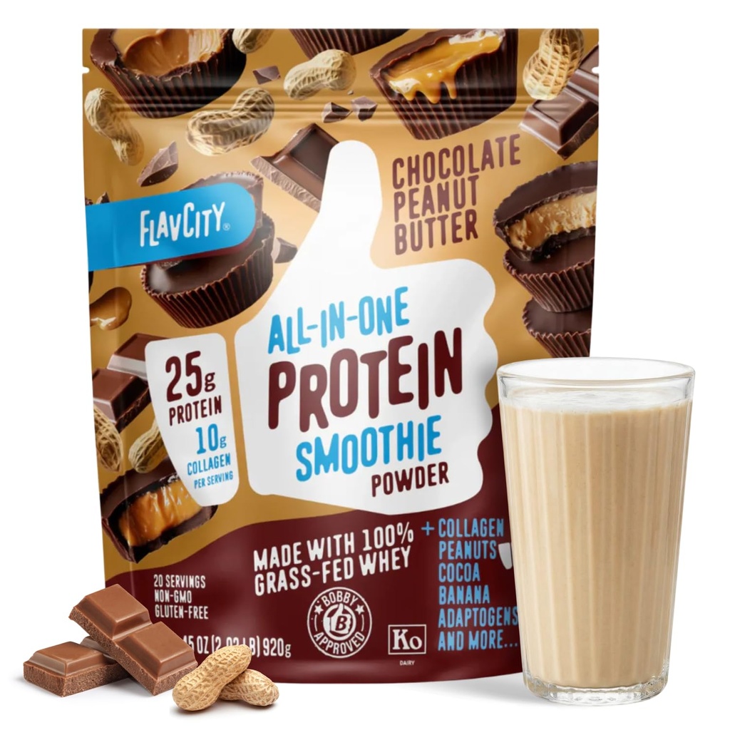 FlavCity Grass Fed Whey Chocolate Protein Powder - Chocolate Peanut Butter - 25g Protein & 10g Collagen - Made with Organic Cocoa &amp; Coconut Milk - Gluten Gratis &amp; No Añadido Sugares (20 Servings)