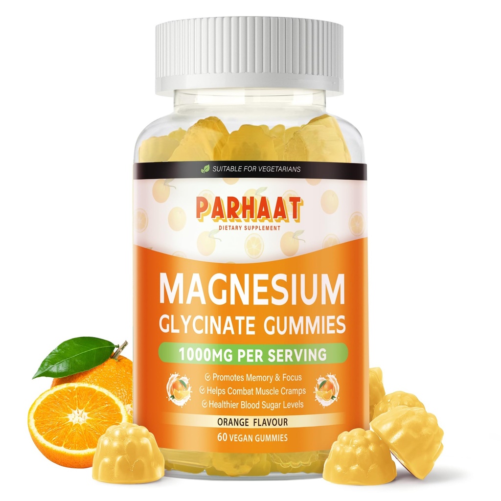 Magnesio Glycinate Gummies 1000mg - Suplemento de Potasio de Magnesio Libre de Azúcar con Vitamina D, B6, CoQ10 para calma Mood &amp; Sleep Support - 60 Orange Gummies