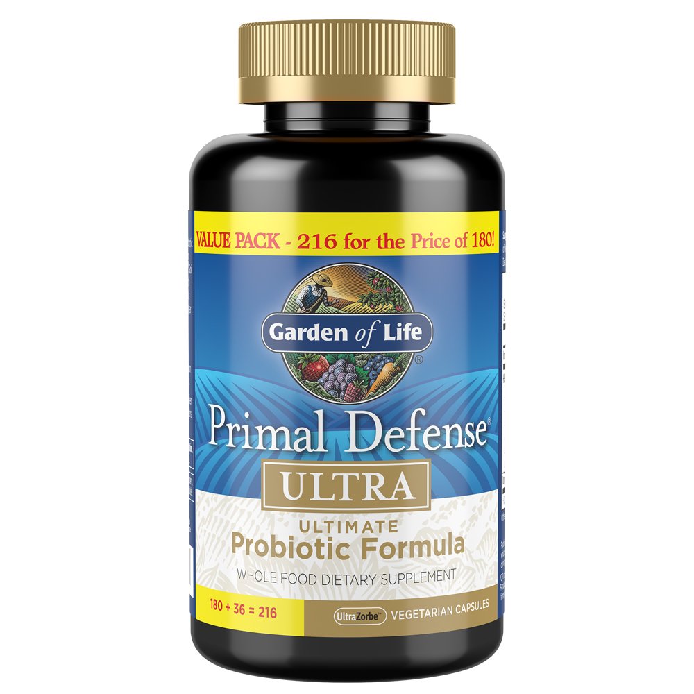 Garden of Life Probiotics for Digestive Health and Gut Health Balance, Primal Defense Ultra Ultimate Formula, 15 Billion CFU y 13 Strains Plus HSOs, Vegetarian y Gluten Free, 216 Capsules