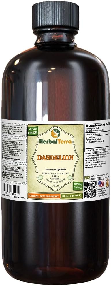 Dandelion (Taraxacum Officinale) Tintura, Orgánica de las raíces secas Extracto líquido (Marca Marca: HerbalTerra, Proudly Made in USA) 32 fl.oz (0.95 l)