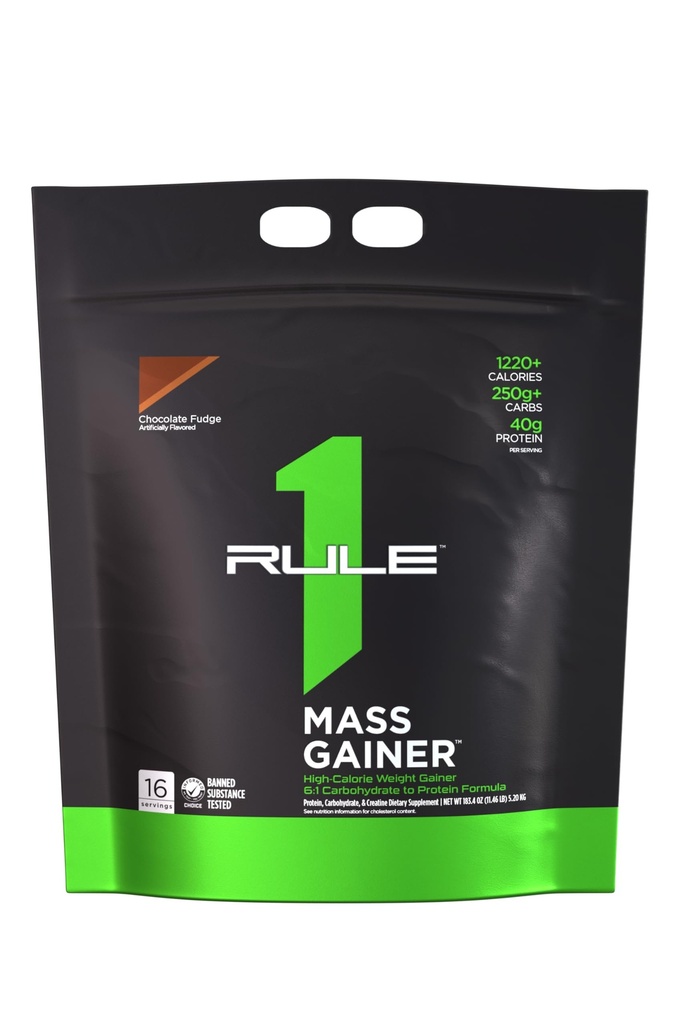 Regla 1 Proteínas Mass Gainer - High-Calorie Weight Gain Formula con 1.220+ Calories, 250g+ Complejo Carb Blend, 40g All-Whey Protein Por Servir (16 Servimientos, Chocolate Fudge)
