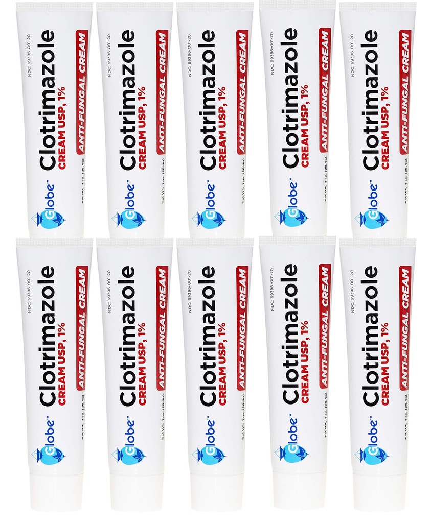 Globe Clotrimazole Antifungal Cream 1% USP, 1 oz (10 Pack), Anti Fungal Treatment, Alimenta la picazón, la quema, el atraque y el escalado de atletas asociados Pie, Jock Itch, Ringworm y Más