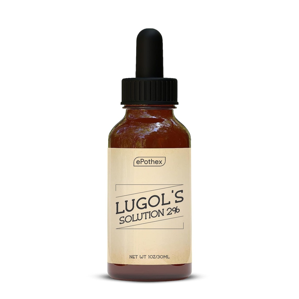 Solución de Lugol 2% 1oz Botella de gotero de vidrio. Contiene Ioduro de Potasio e Iodo, 30ml