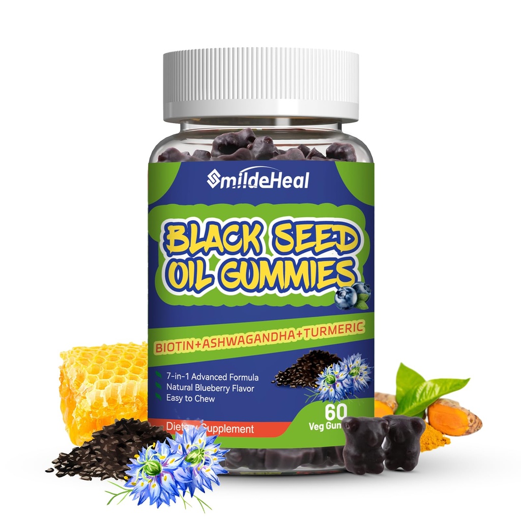 Mangas de aceite de semilla negra, aceite de semilla de comino negro orgánico, aceite de semilla de comino negro orgánico 500 mg, semillas negras y gaviotas de miel, Vegan, 60 Gummies