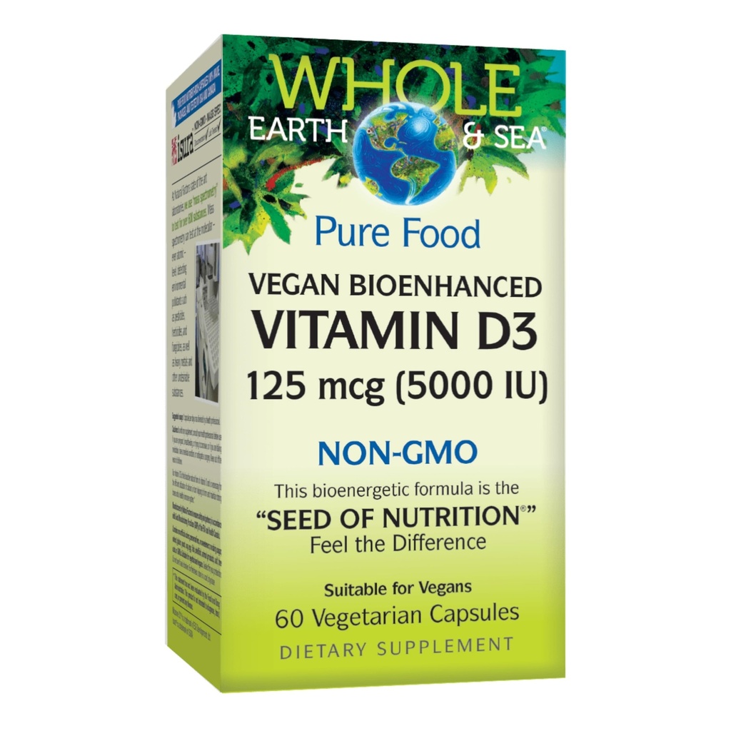 Factores naturales enteros de la Tierra &amp; Sea Vitamin D3 125mcg (5,000 UI), Vegan Bioenhanced, 60 cápsulas vegetarianas