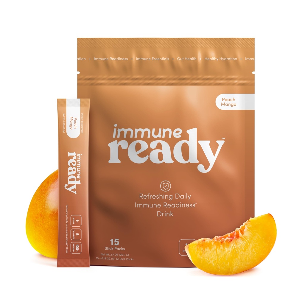 Immune ReadyTM Electrolytes Powder Packets – Immunity Boost Drink Mix with Vitamin C, Zinc Picolinate, Inulin Powder " Beta Glucan – Sugar-Free Peach-Mango, 15 Servings