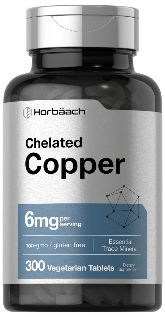 Horbäach Chelated Copper Suplemento 6mg  300 Tablets  durable Essential Trace Mineral Silencio Vegetarian, Non-GMO, Gluten Free