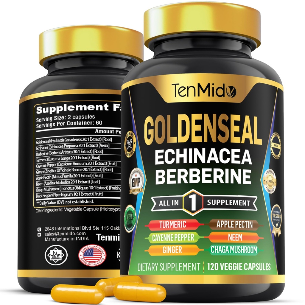 Goldenseal Root Suplemento - 10in1 Fórmula - Combina con Echinacea, Berberine, Turmeric, Cayenne Pepper, Ginger, Apple Pectin, Neem, &amp; More - Asistencia sanitaria digestiva - 120 cápsulas