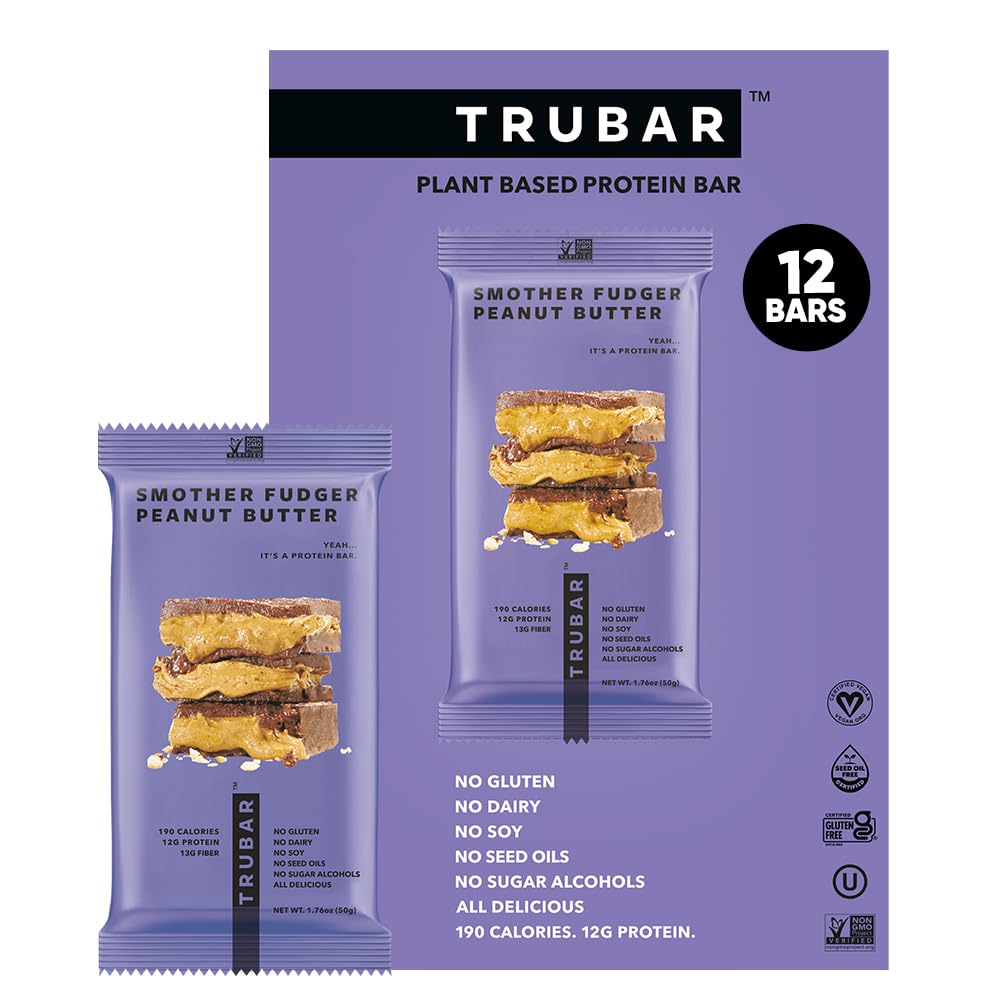 TRUBAR Vegan Protein Bares - Smother Fudger Peanut Butter, Soy Free, Dairy Free, Gluten Free Protein Bares - Sin Sugar Alcoholes - Non-GMO - 12g de Protein - 12 Conde