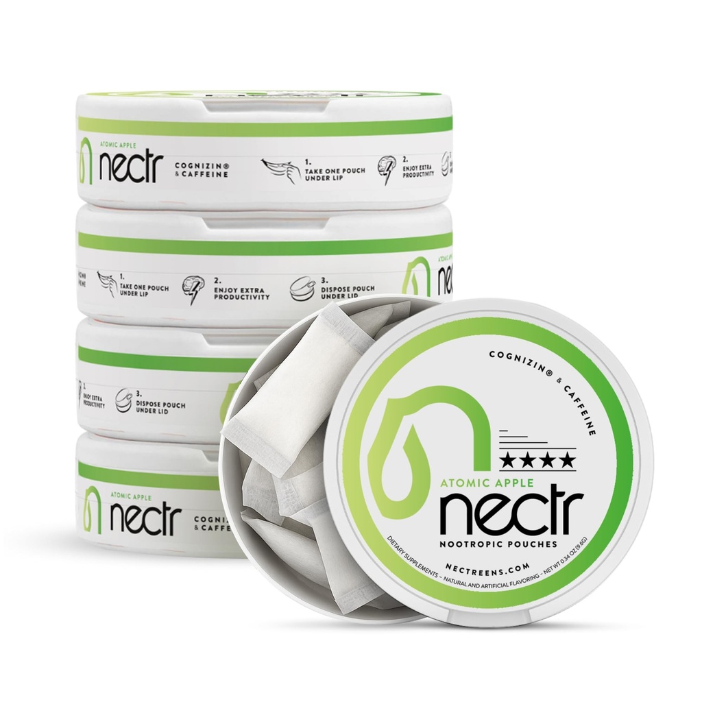 Nectr Energy Nootropic Pouches – Atomic Apple Flavored, Caffeine Pouches with Cognizin® Citicoline. Treats cerebrales libres de azúcar. Smooth, Sustained Focus & Energy Supplement - 1 Puck of 16pcs