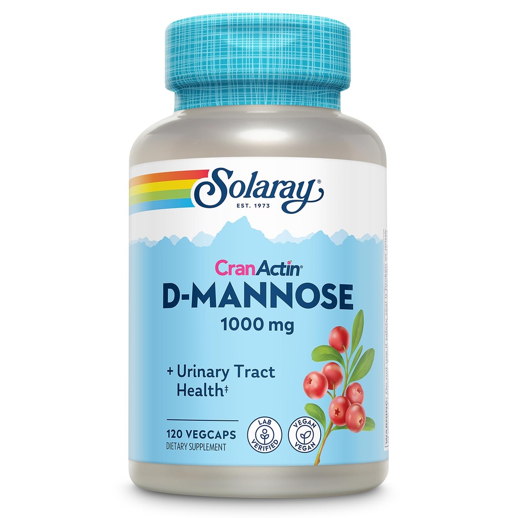 SOLARAY D-Mannose 1000mg con extracto de arándano CranActin - D Mannose y suplemento de arándano con vitamina C - apoya la salud del tracto urinario - Vegan, garantía de 60 días