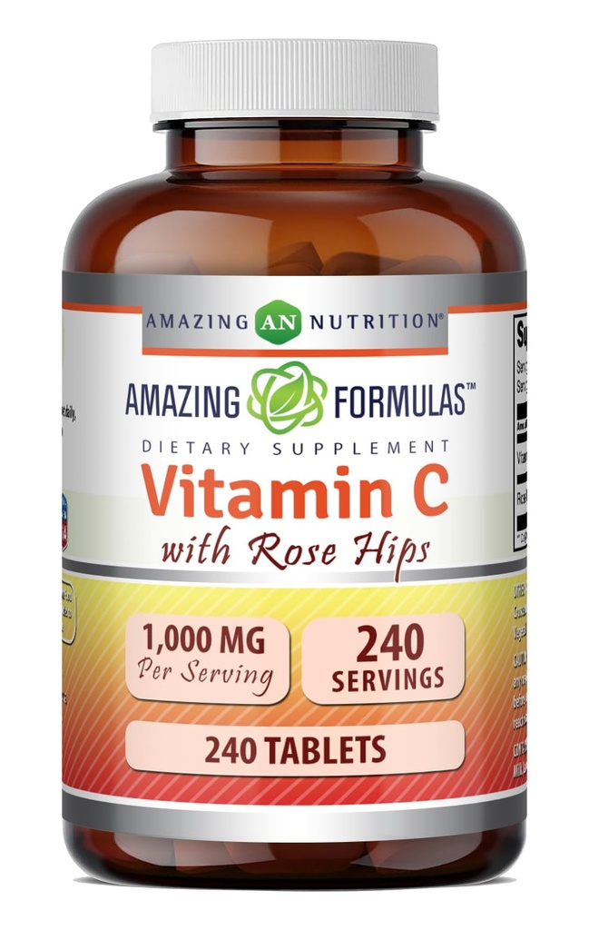 Fórmulas asombrosas Vitamina C con Rose HIPS Suplemento TENIDO 1000 Mg TENED 240 Tablets TENIDO NO GLUTEN-Free TEN Made in USA
