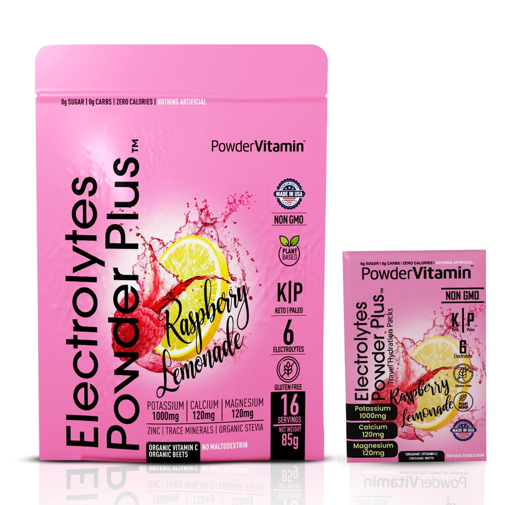 PowderVitamin Electrolytes Powder Plus, Keto, Raspberry Lemonade, Sugar Free, Pink Himalayan Salt, 1000mg Potasio, 120mg Calcio, 120mg Magnesio, Non-GMO, Zero Calories, (16 Hydration Packets)