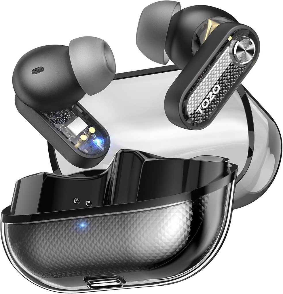 TOZO Crystal Pods Hybrid Active Noise Canceling Wireless Earbuds, 10mm Drivers Deep Bass Stereo Sound, 4 Mics Smart ENC AI Calls, 32 EQ via App, Bluetooth 5.4 Auriculares, diseño de caja de cristal