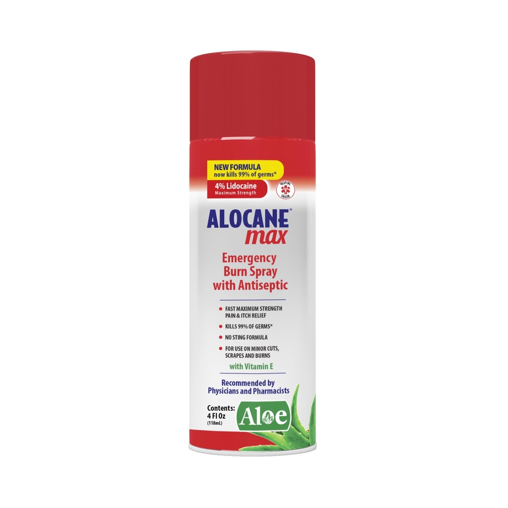 ALOCANE Emergency Burn Spray, 4% Lidocaine Max Strength Fast Pain Itch Relief for Minor Burns, Sunburn, Kitchen First Aid Tratamiento Burn Care, 4 Fl Oz
