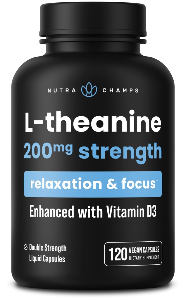 NutraChamps L-Theanine 200mg Capsules ← Double-Strength L-Theanine Liquid with Vitamin D3, Organic Coconut Oil tención Soporta Mood, Focus, Stress Relief confidencialidad para niños y adultos  120 Vegan Capsules