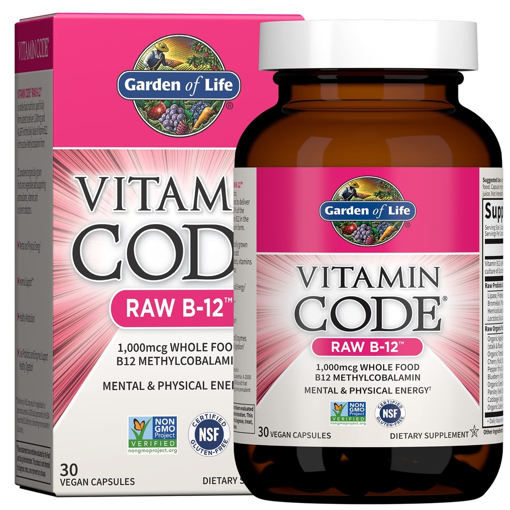Garden of Life Vitamin Code Raw B-12-30 Capsules, 1000mcg Whole Food B12 Methylcobalamin for Energy, Vegan Methylcobalamin Vitamin Plus Probiotics and Enzymes, Gluten Free Supplements
