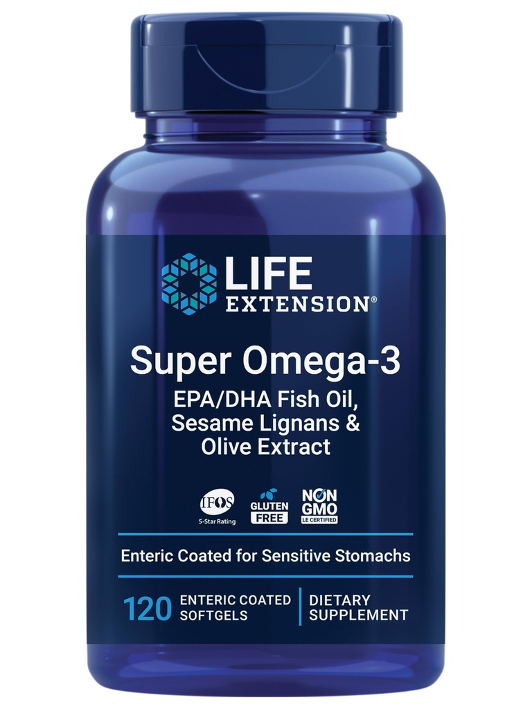 Extensión de vida Super Omega-3 EPA/DHA Fish Oil, Sesame Lignans & Olive Extract – Heart Health, Brain Health, Inflammation Health Support, Gluten-Free, Enteric-Coated, Non-GMO, 120 Softgels