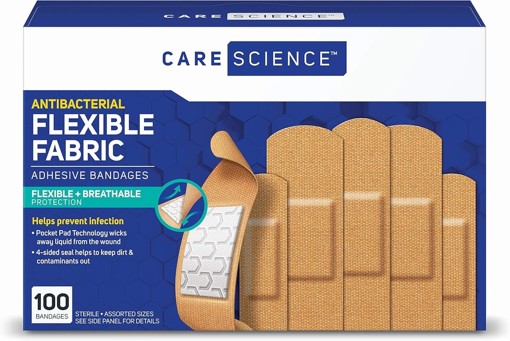 Care Science Fabric Adhesive Bandages, 100 ct Tamaños surtidos TEN Flexible + Protección transpirable ayuda a prevenir la infección por primeros auxilios y cuidado de heridas