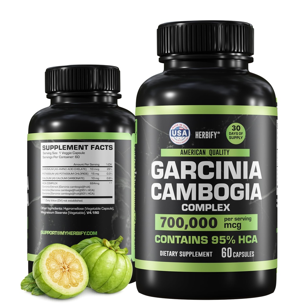 HERBIFY Garcinia Cambogia Wellness Apoyo Suplemento para Mujeres y Hombres - Extracto Herbal con Propiedades Antioxidantes - Booster Energético para la Vitalidad Digestiva y Soporte Digestivo - 60 Cuenta