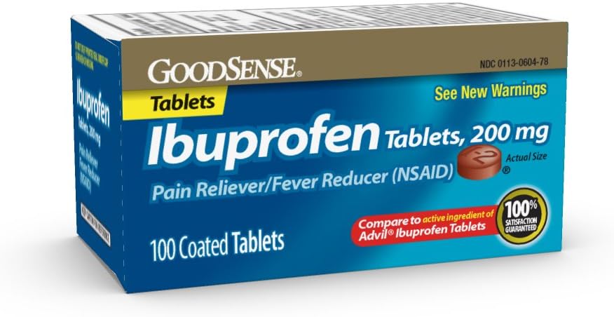 GoodSense 200 mg Tablas de Ibuprofeno, Reductor de Fiebre y Alivio del Dolor del Cuerpo, Dolor de Cabeza, Dolor de Artritis y Más, 100 Cuenta