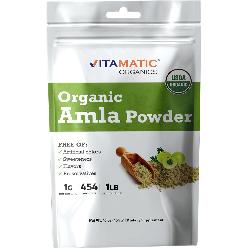 Vitamatic Certified USDA Organic Amla Berry Powder – 1 lb (16 oz) Amalaki ← Rich in Natural Vitamin C " Antioxidantes Silenciosos Immune Health TEN Gluten-Free, Non-GMO, Kosher