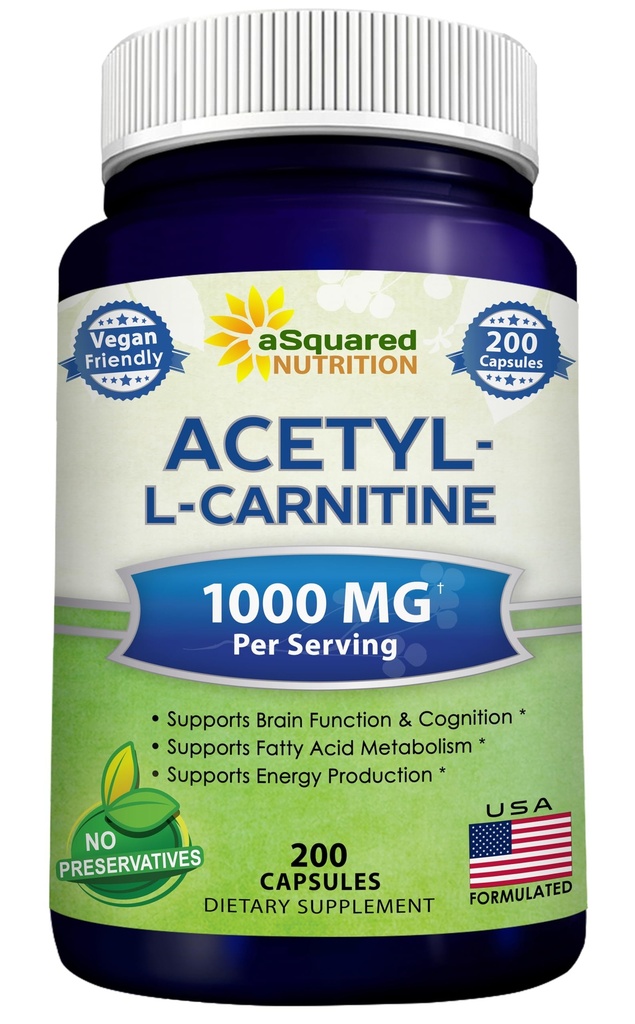 aSquared Nutrition Acetyl L-Carnitine 1000mg Max Strength - 200 Veggie Capsules - Alta Dosificación Acetyl L Carnitine HCL (ALCAR) Suplemento píldoras para apoyar Energía pura, Función cerebral y ácido graso