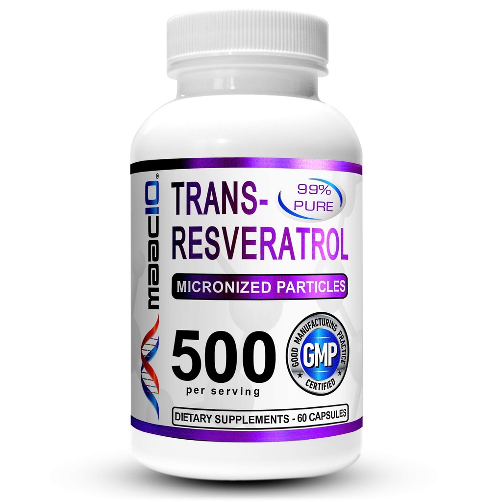 MAAC10 Trans Resveratrol 500mg Suplemento (Grado Farmacéutico Micronizado 99% Extracto de Trans-Resveratrol + BioPerina para Absorción Superior) (2X 250mg Cápsulas 60ct)