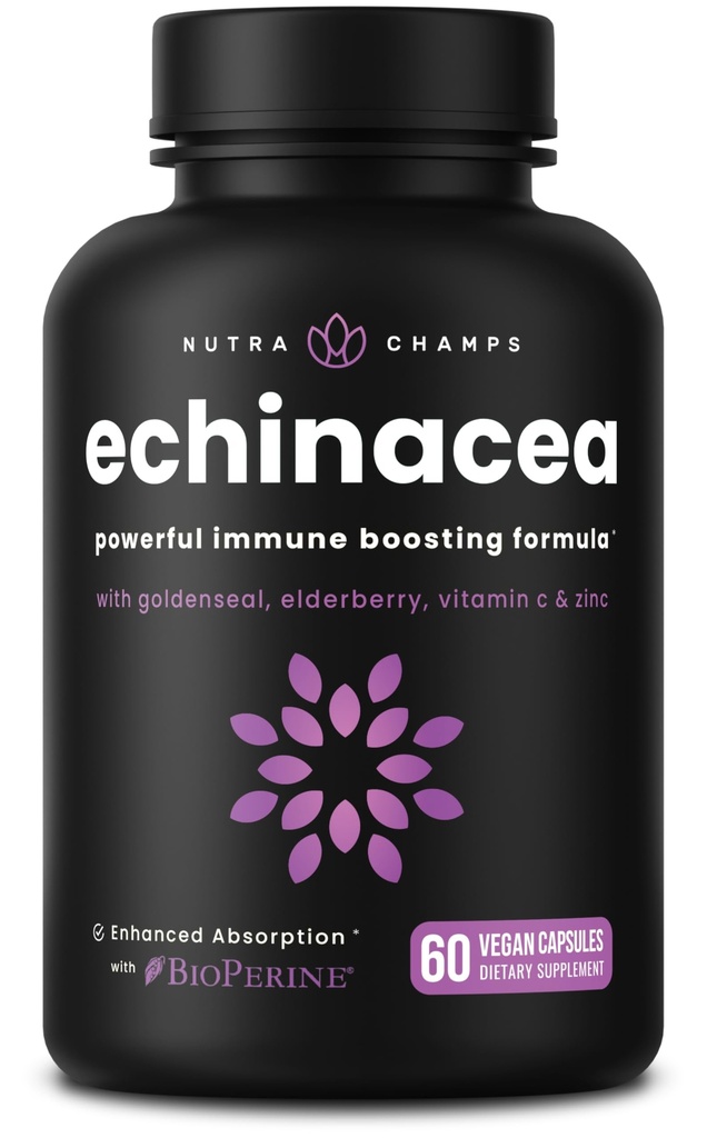 NutraChamps Echinacea Capsules 1000mg - 8-in-1 Immune Support Supplement - Echinacea Goldenseal, Vitamina C, Zinc, Ginger, Elderberry - 60 cápsulas