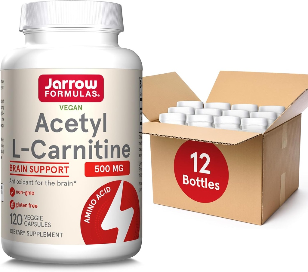 Jarrow Formulas Acetyl L-Carnitine 500 mg, Suplemento dietético, Amino Acid Support for Brain Health and Antioxidants, 120 Veggie Capsules, 120 Day Supply(Pack of 12)