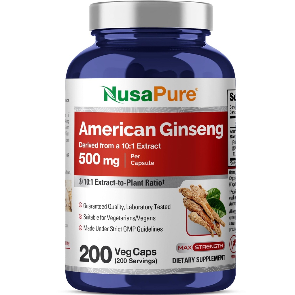 NusaPure American Ginseng 10:1 Extracto, 500 mg Equivalente a 5000mg - 200 cápsulas vegetarianas (Vegetariano, No GMO, Vegan)