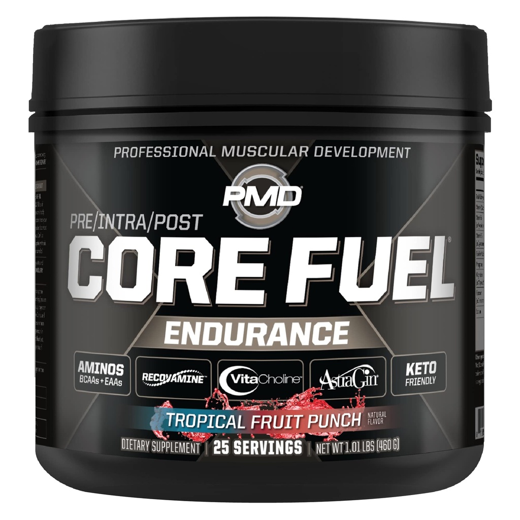 PMD Sports Core Fuel Endurance, Performance " Recovery - BCAAs, EAAs, Beta Alanine, Betaine Anhydrous, Glutamine, Electrolytes - Crecimiento muscular, Fuerza - Estim Free, Tropical Fruit Punch (25 Servimientos)