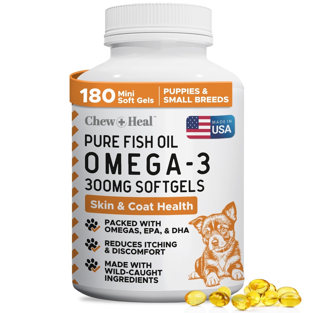 Aceite de pescado silvestre Omega 3 para perros - 180 cápsulas de Softgel para la piel sana y la carne - 300 mg Mini píldoras de aceite de pescado para el acolchado, piel seca y manchas calientes - Pet Omega suplemento de Salmon